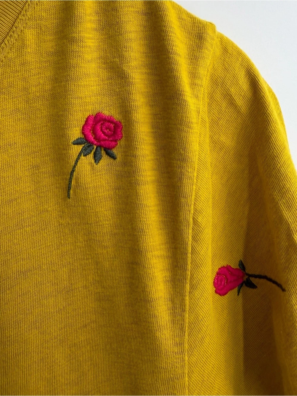 J. Crew Mustard Yellow Short Sleeve Tee with Pink Floral Embroidery